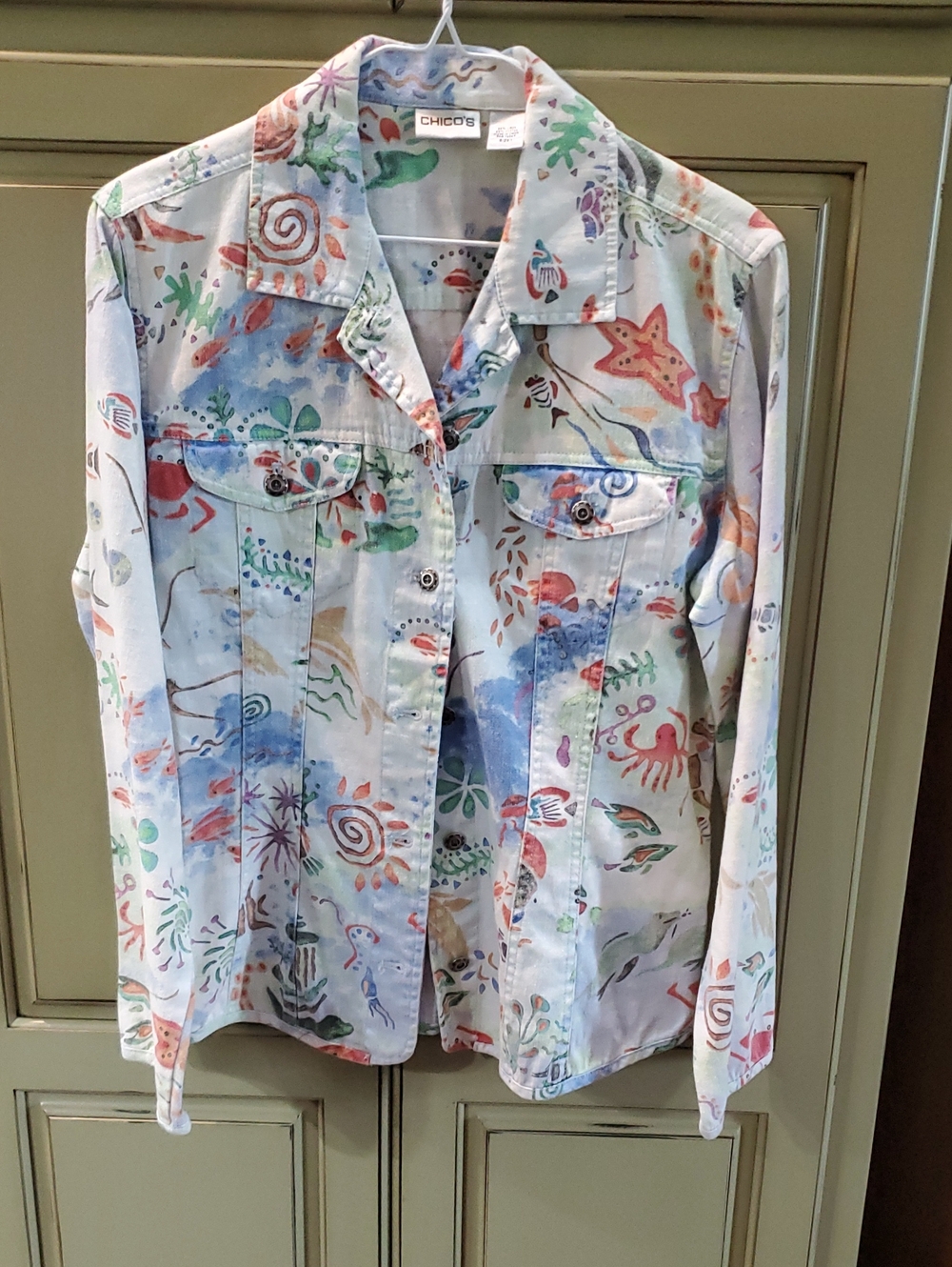 Chico's Light Blue Multicolor Watercolor Sea Life Button-Down Shirt